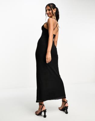 ASOS DESIGN - Maxikleid aus schwarzem Netzstoff mit überkreuzten Camisole-Trägern