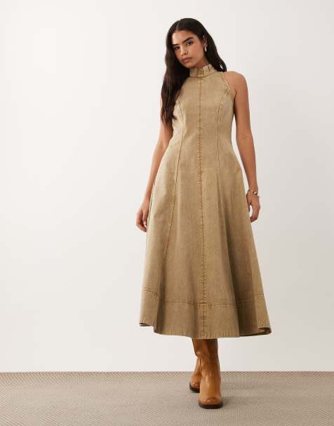ASOS DESIGN – Maxikleid aus schwerem Twill in verwaschenem Steinbeige mit Stehkragen und Ziernaht - view 1