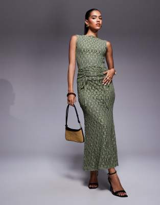 ASOS DESIGN - Maxikleid aus Spitze in Grün mit gerafftem Taillenband