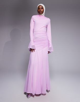 ASOS DESIGN - Maxikleid aus Stretch-Chiffon in Babyrosa mit drapierter Taille und Volantärmeln-Orange