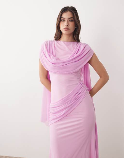 ASOS DESIGN – Maxikleid aus Stretch-Chiffon in Blassrosa mit Cape-Detail, Wasserfallausschnitt und Schärpe, 4 von 4