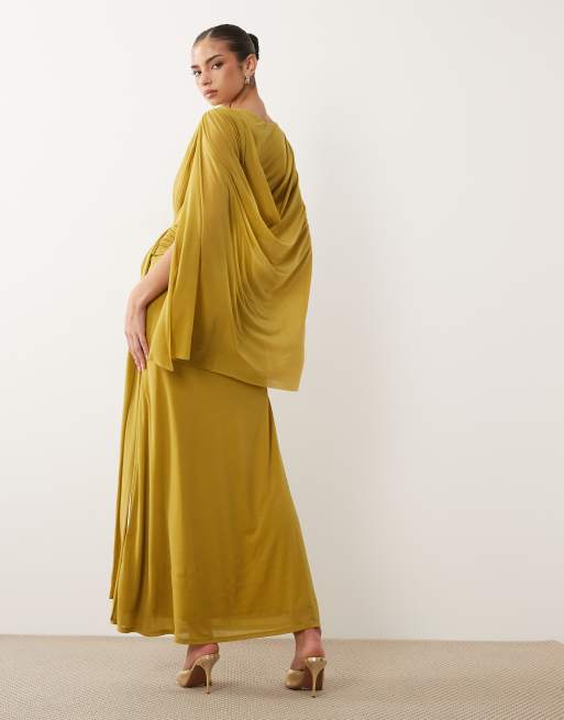 ASOS DESIGN – Maxikleid aus Stretch-Chiffon in Chartreuse mit Cape-Detail, Wasserfallausschnitt und Schärpe, 3 von 4