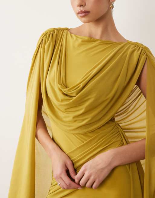 ASOS DESIGN – Maxikleid aus Stretch-Chiffon in Chartreuse mit Cape-Detail, Wasserfallausschnitt und Schärpe, 4 von 4