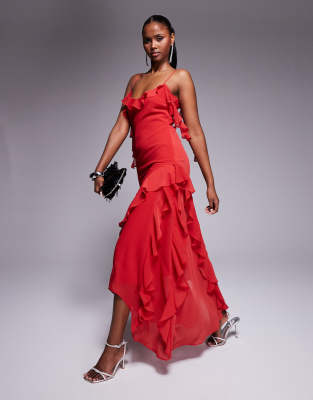 ASOS DESIGN - Maxikleid aus strukturiertem Chiffon in Rot mit hängender Rüschenverzierung