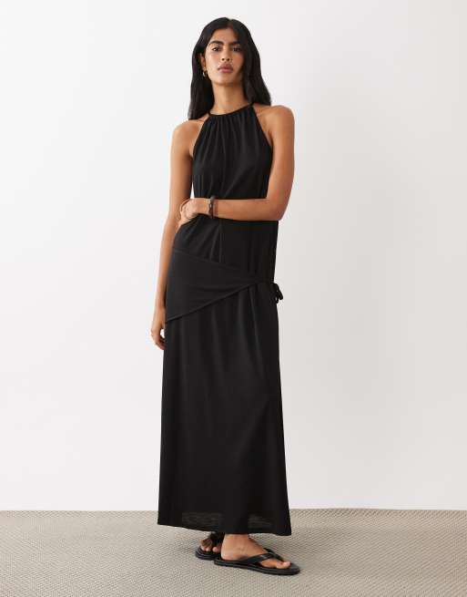 ASOS DESIGN – Maxikleid aus strukturiertem Jersey in Schwarz mit gewickeltem Schaldetail, 2 von 4