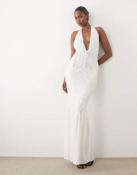 ASOS DESIGN – Maxikleid aus strukturierter Spitze in Cremeweiß mit geraffter Taille, Korsettdetail und Schwalbenschwanzsaum - view 1