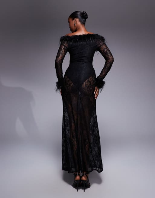 ASOS DESIGN – Maxikleid aus transparenter Spitze mit quadratischem Ausschnitt und Bündchen mit Kunstpelzbesatz, 4 von 4