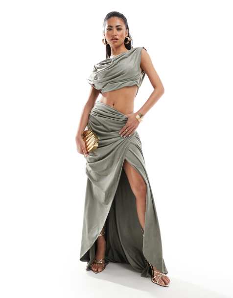 ASOS DESIGN – Maxikleid aus Wildlederimitat in Khakigrün mit Schlitzausschnitt - view 1