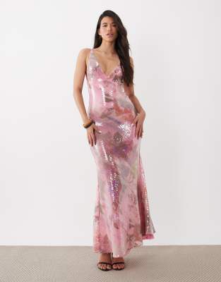 ASOS DESIGN - Maxikleid für besondere Anlässe in Rosa mit tiefem Ausschnitt, Schwalbenschwanz und Blumenmuster und Glasp...