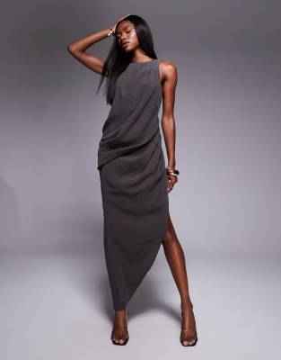 ASOS DESIGN - Maxikleid in Anthrazit mit asymmetrischem Saum und drapiertem Design-Grau