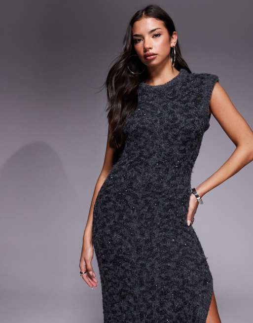 ASOS DESIGN – Maxikleid in Anthrazit mit Paillettenbesatz und verstärktem Kragenbesatz, 2 von 4