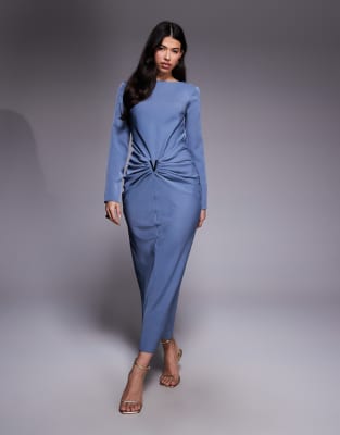 ASOS DESIGN - Maxikleid in Blau mit drapiertem Rock und goldfarbenem Besatz