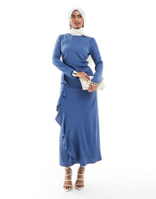 ASOS DESIGN - Maxikleid in Blau mit geraffter Taille und asymmetrischem Saum