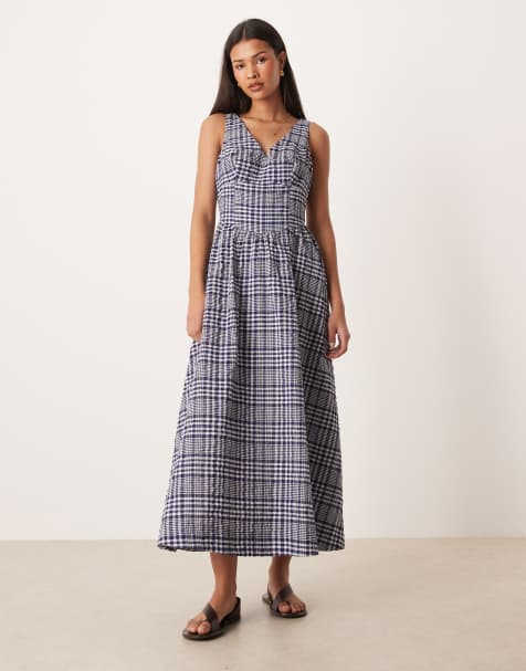 ASOS DESIGN – Maxikleid in Blau mit Vichy-Karomuster, V-Ausschnitt und Nahtdetails - view 1
