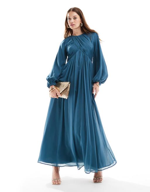 ASOS DESIGN – Maxikleid in Blaugrün mit gewickeltem Oberteil und Ballonärmeln, 3 von 4