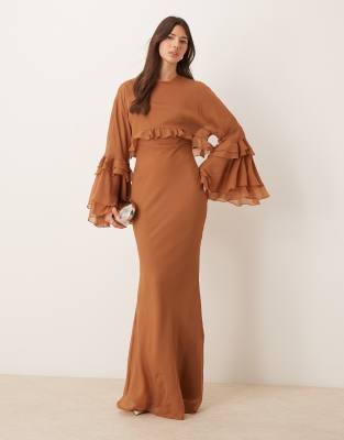 ASOS DESIGN - Maxikleid in Braun mit Fledermausärmel-Overlay, Rüschen und Bias-Cut
