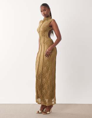 ASOS DESIGN - Maxikleid in Bronze mit geradem Schnitt und Spitzeneinsätzen-Brown