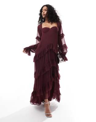 ASOS DESIGN - Maxikleid in Burgunderrot mit Rüschen, Korsettdetail und nach hinten abfallendem Saum