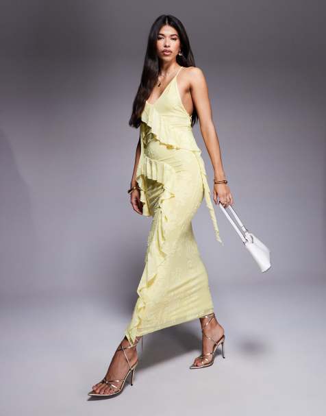 ASOS DESIGN – Maxikleid in der Farbe französische Vanille mit Rüschen, Riemchenträgern und Ausbrennermuster - view 1