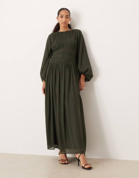 ASOS DESIGN – Maxikleid in dunklem Khaki mit Makramee-Taille - view 1