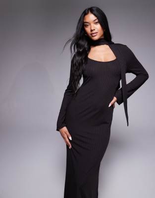 ASOS DESIGN - Maxikleid in dunklem Schokobraun mit tiefem U-Ausschnitt und Schal-Detail-Brown