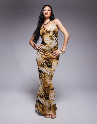 ASOS DESIGN - Maxikleid in Gelb mit Animal-Print, Wasserfall-Neckholder und Zierknoten-Bunt