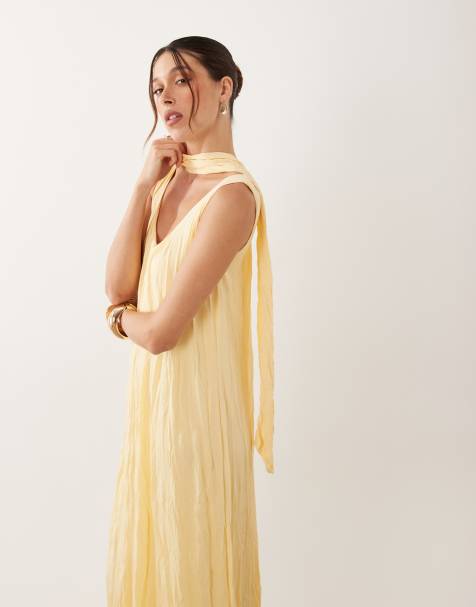 ASOS DESIGN – Maxikleid in Gelb mit Knitterstruktur, U-Ausschnitt und Schal-Detail - view 1