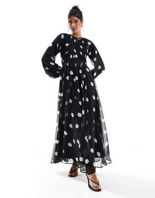 ASOS DESIGN - Maxikleid in gepunktetem Schwarz mit gewickeltem Oberteil und Ballonärmeln-Bunt