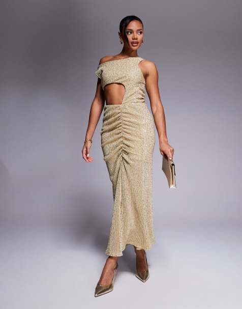 ASOS DESIGN – Maxikleid in Gold mit asymmetrischem Ausschnitt, Zierausschnitt, Raffung und Schlitz - view 1