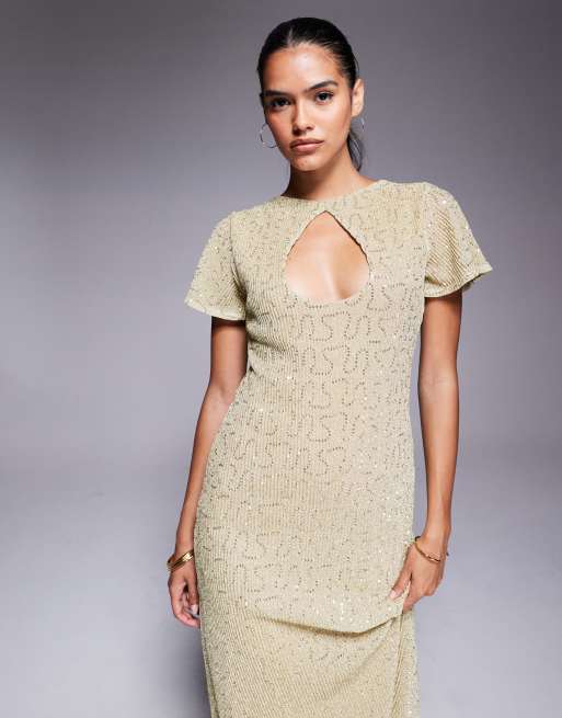 ASOS DESIGN – Maxikleid in Gold mit Kappärmeln und Schlüssellochausschnitt, 2 von 4