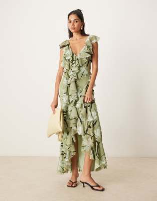 ASOS DESIGN - Maxikleid in Grün geblümt mit Rüschen, Rückenausschnitt und Schrägschnitt-Bunt