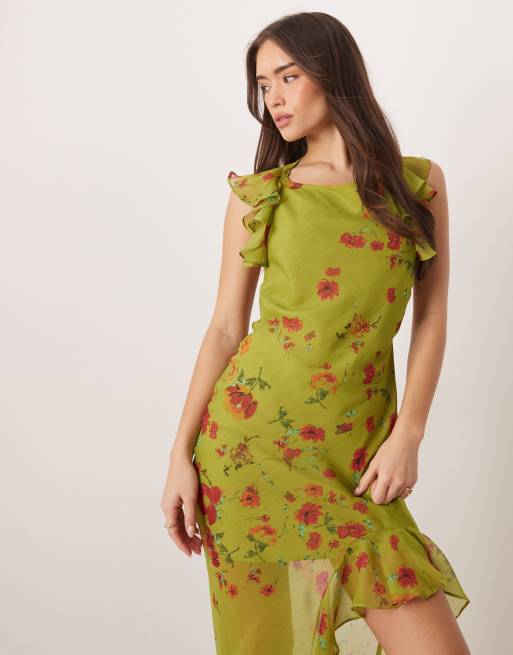 ASOS DESIGN – Maxikleid in Grün mit Blumenmuster, asymmetrischem Saum, Wasserfallausschnitt und Rüschenärmeln, 3 von 4