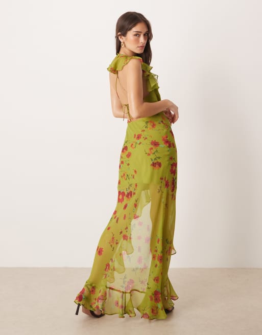 ASOS DESIGN – Maxikleid in Grün mit Blumenmuster, asymmetrischem Saum, Wasserfallausschnitt und Rüschenärmeln, 4 von 4