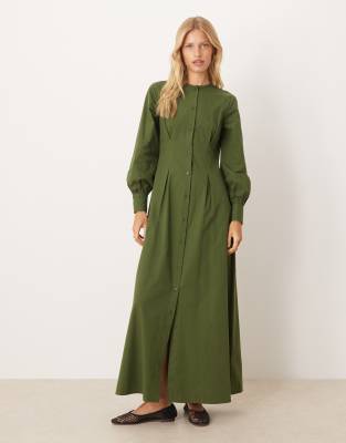 ASOS DESIGN - Maxikleid in Grün mit Rundhalsausschnitt, Puffärmeln und Knopfleiste