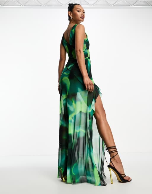 ASOS Design – Maxikleid in Grün mit V-Ausschnitt, gerüschtem, geschlitztem Saum und Blattmuster, 4 von 4