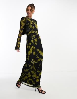 ASOS DESIGN - Maxikleid in Grün und Schwarz aus Netzstoff mit Print, tiefem Rückenausschnitt und Trompetenärmeln-Bunt