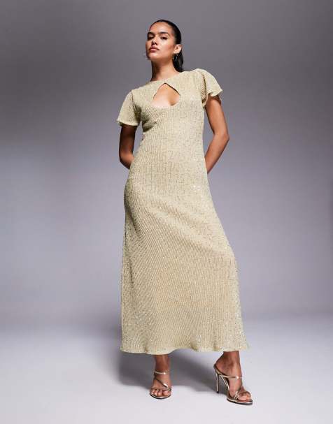ASOS DESIGN – Maxikleid in hellem Khaki mit Flügelärmeln und Schlüssellochausschnitt - view 1