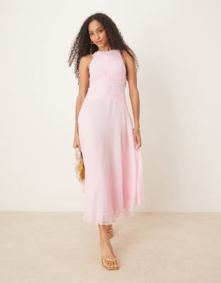 ASOS DESIGN - Maxikleid in Hellrosa mit Racerneck-Design, gerafftem Oberteil und tiefer Taille