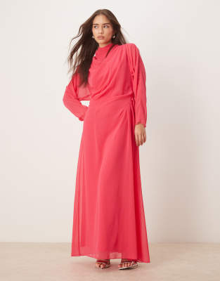 ASOS DESIGN - Maxikleid in Himbeerrot mit hohem Ausschnitt-Rosa