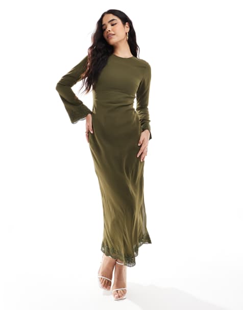 ASOS DESIGN – Maxikleid in Khaki mit bestickten Manschetten und Saum - view 1