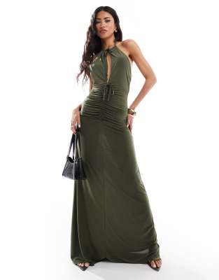 ASOS DESIGN - Maxikleid in Khaki mit Neckholder, Zierausschnitt und Raffung-Grün