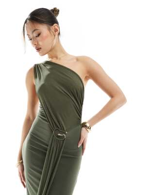 ASOS DESIGN - Maxikleid in Khaki mit One-Shoulder-Träger und Details in Gold-Grün