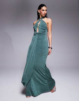 ASOS DESIGN - Maxikleid in Khaki mit Ringdetail, Rückenschnürung und Schärpe-Grün