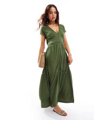 ASOS DESIGN - Maxikleid in Khaki mit V-Ausschnitt, Flügelärmeln und Spitzeneinsätzen-Grün