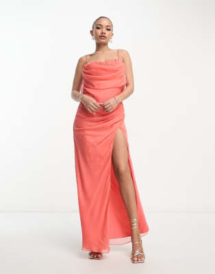 ASOS DESIGN - Maxikleid in Korallenrot mit sanftem Wasserfallausschnitt und Korsettdetail-Orange