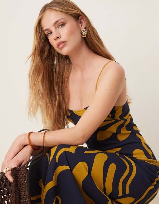 ASOS DESIGN – Maxikleid in Leinenoptik mit abstraktem Print in Blau und Gelb, 4 von 4