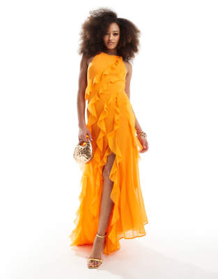 ASOS DESIGN - Maxikleid in leuchtendem Orange mit nach hinten abfallendem Saum, Ringerrücken und Rüschen