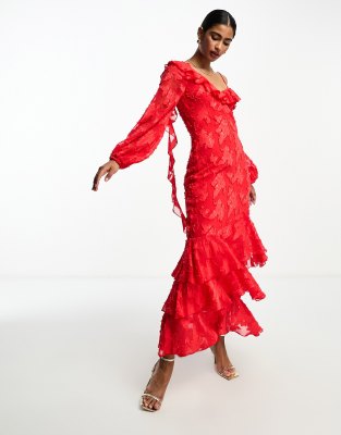 ASOS DESIGN - Maxikleid in leuchtendem Rot mit Ausbrennermuster, Riemchenträger und Rüschen