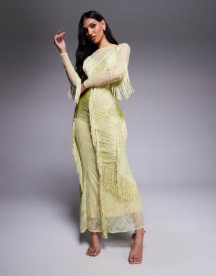 ASOS DESIGN - Maxikleid in Limette mit Rückenausschnitt, U-Boot-Ausschnitt, Spitze und Fransen-Gelb