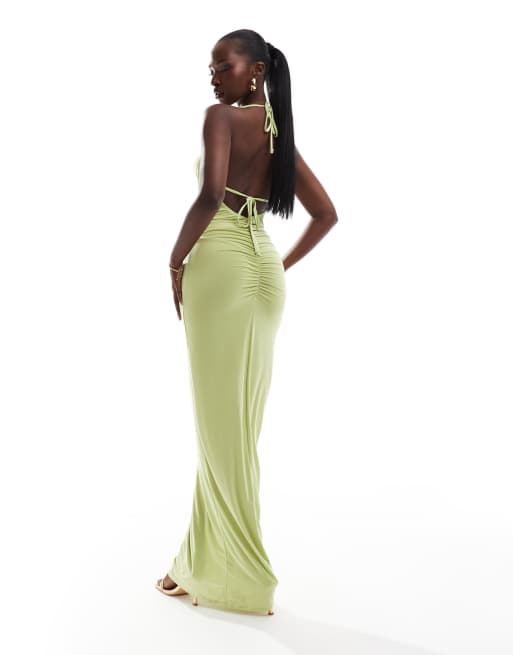 ASOS DESIGN – Maxikleid in Limettengrün mit tiefem Wasserfallausschnitt und Riemchen-Rückseite